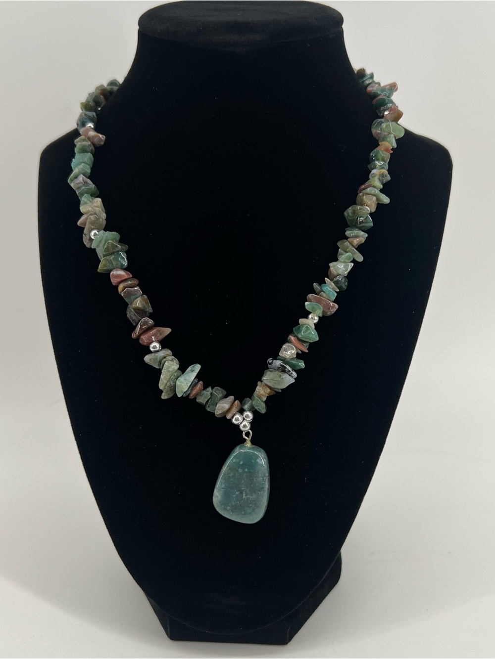 Artisan Green Moss Agate Tumbled Crystal Chip Strand Necklace Squared Oval Charm